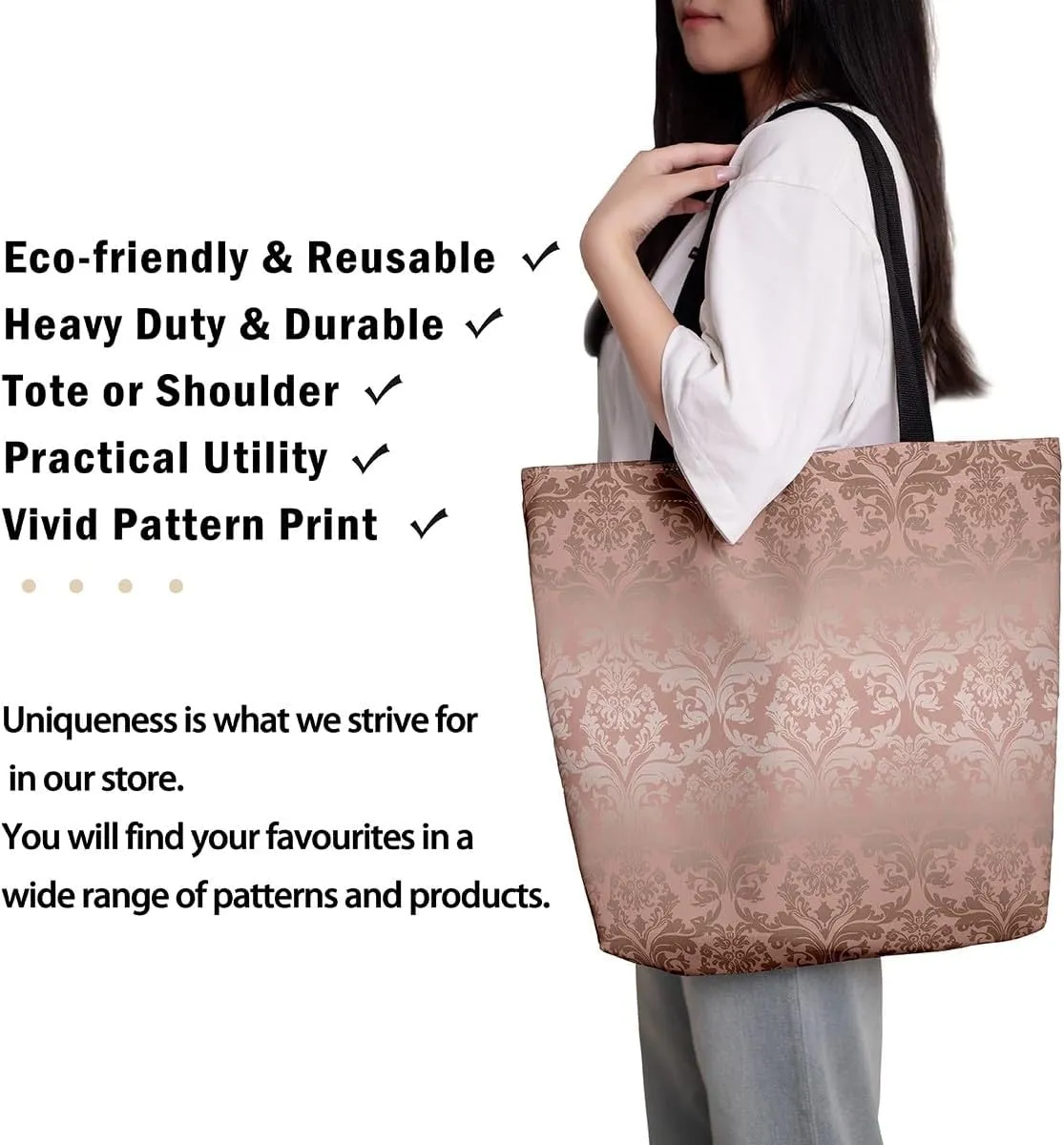 Boho Floral Canvas Tote Bag Victorian Foldable Beach Bag,Gothic Paisley Casual Reusable Handbag for Women