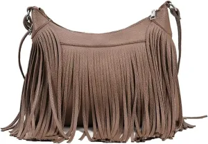 Boho Shoulder Bag for Women Leather Crossbody Bag with Tassel Vintage Fringe Hobo Handbag Designer Top Handle Purse