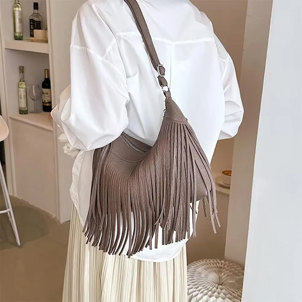 Boho Shoulder Bag for Women Leather Crossbody Bag with Tassel Vintage Fringe Hobo Handbag Designer Top Handle Purse