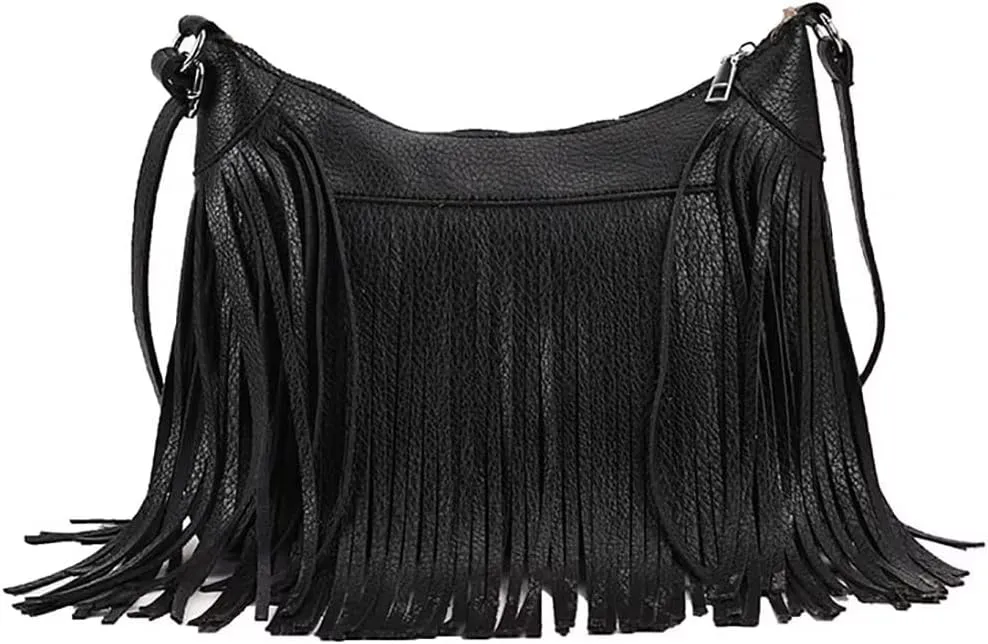 Boho Shoulder Bag for Women Leather Crossbody Bag with Tassel Vintage Fringe Hobo Handbag Designer Top Handle Purse