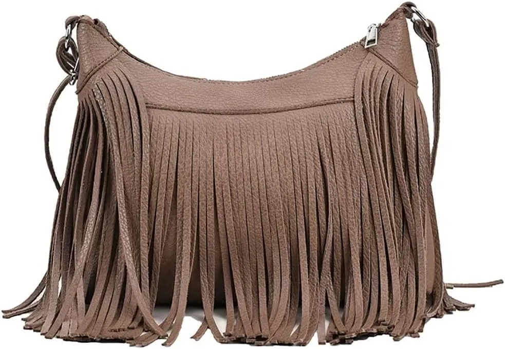 Boho Shoulder Bag for Women Leather Crossbody Bag with Tassel Vintage Fringe Hobo Handbag Designer Top Handle Purse