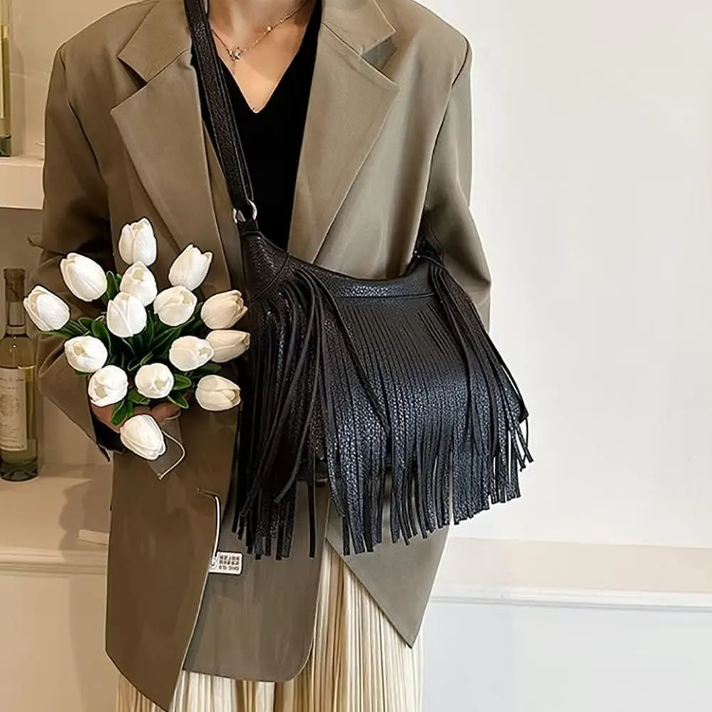 Boho Shoulder Bag for Women Leather Crossbody Bag with Tassel Vintage Fringe Hobo Handbag Designer Top Handle Purse