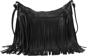 Boho Shoulder Bag for Women Leather Crossbody Bag with Tassel Vintage Fringe Hobo Handbag Designer Top Handle Purse