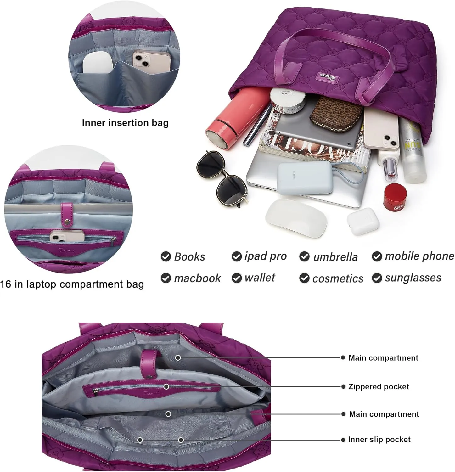 BOYATU Puffer Tote Bag for Women: Quilted Handbag with Zipper - Large Puffy Purse - Work Tote Bags with Laptop Compartments