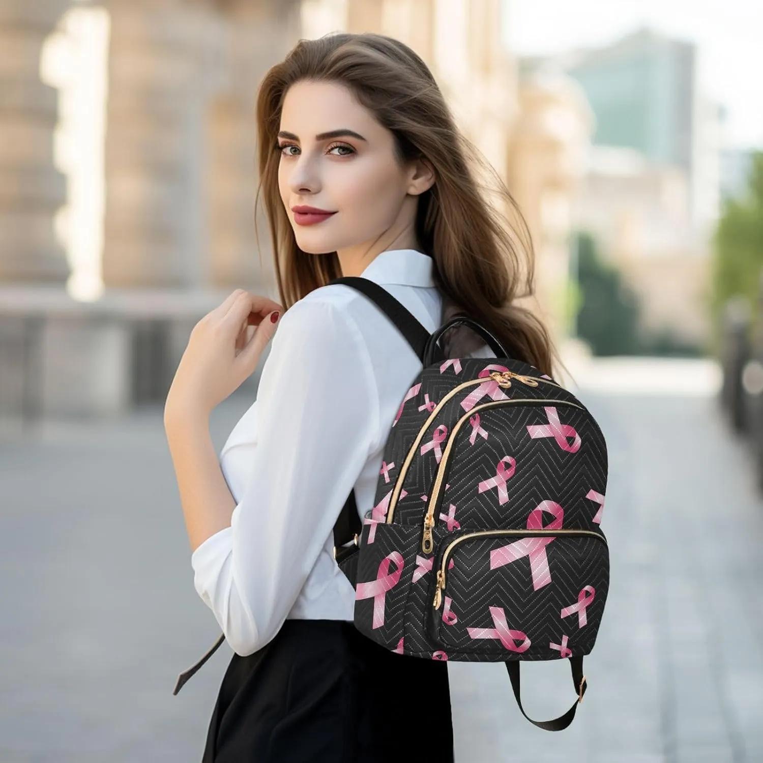 Breast Cancer Awareness Pink Rib Mini Backpack for Women, Travel Backpack Purse Daypack Shoulder Bag for Ladies