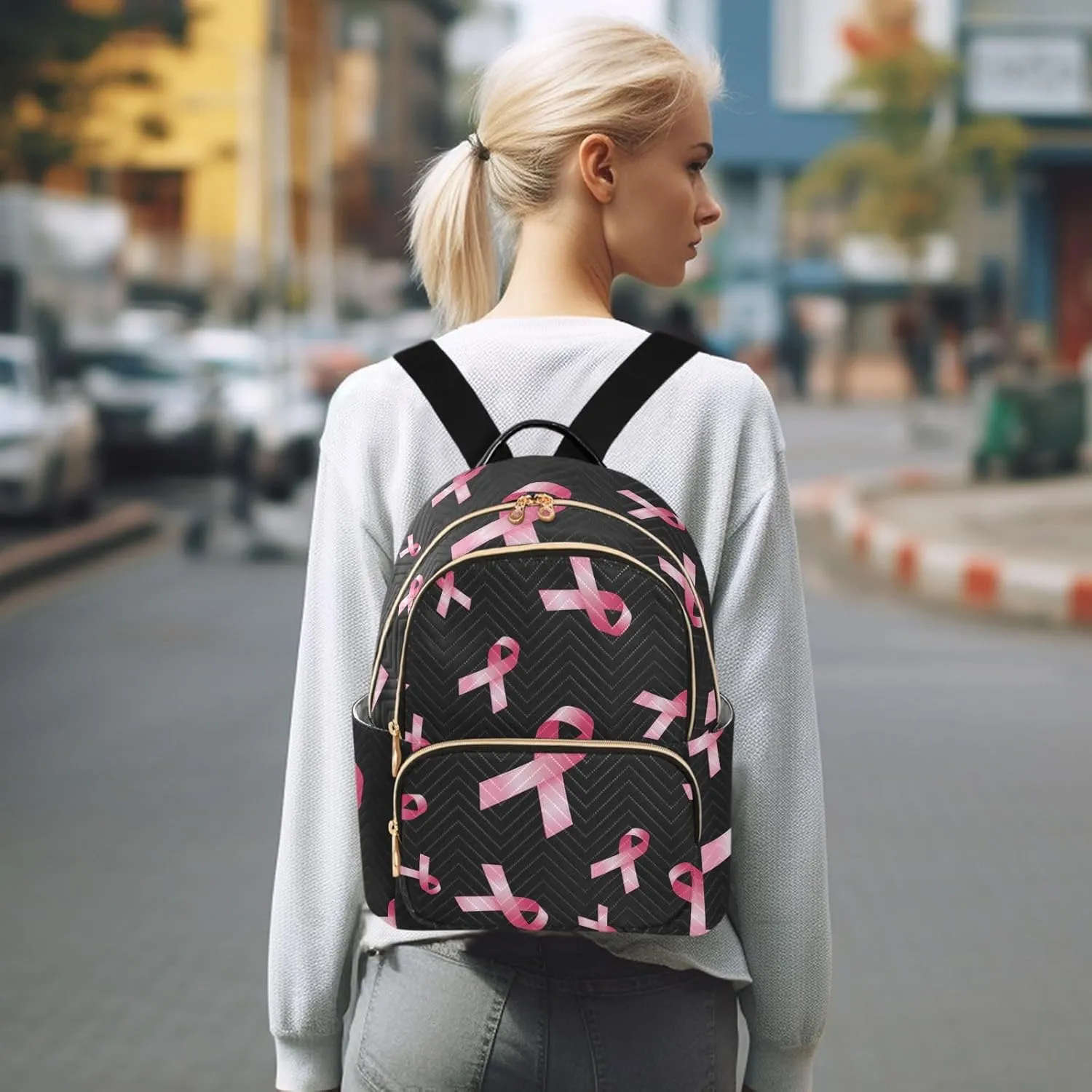Breast Cancer Awareness Pink Rib Mini Backpack for Women, Travel Backpack Purse Daypack Shoulder Bag for Ladies
