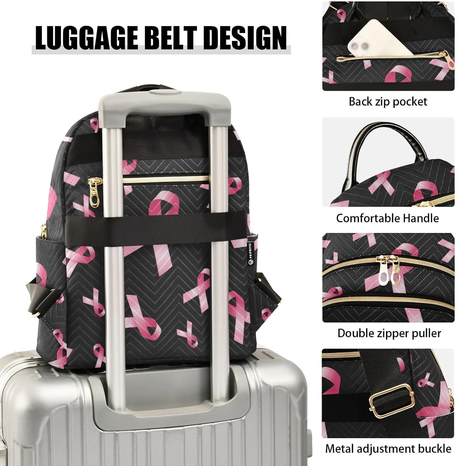 Breast Cancer Awareness Pink Rib Mini Backpack for Women, Travel Backpack Purse Daypack Shoulder Bag for Ladies