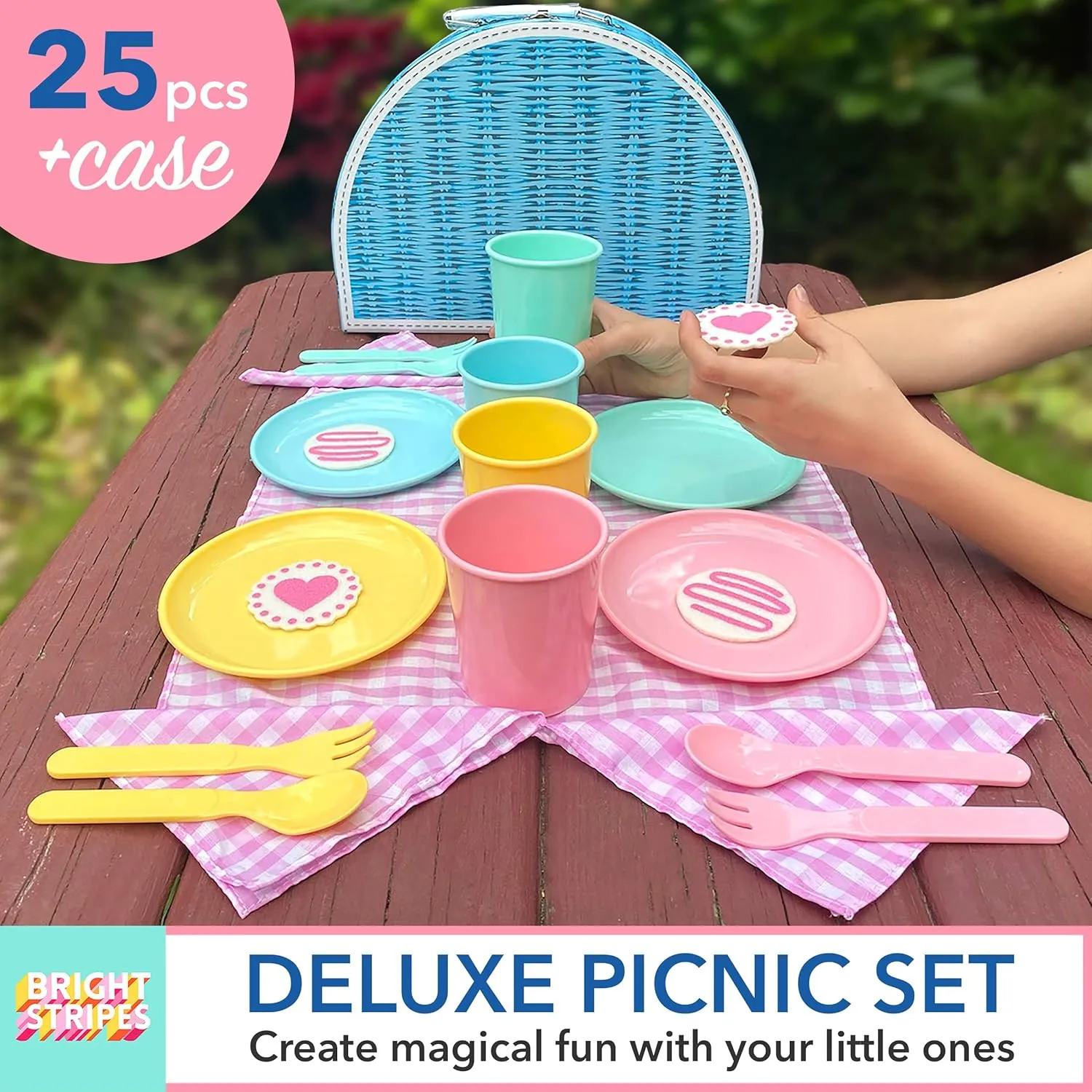Bright Stripes Kids Picnic Basket Set, Food Pretend Play Tea Party Supplies, Children’s Toys - Includes 4 Plastic Cups, Plates, Spoons, Forks, 4 Napkins, Picnic Mat, 4 Felt Cookies, 25-Piece, Pastel