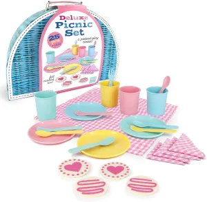 Bright Stripes Kids Picnic Basket Set, Food Pretend Play Tea Party Supplies, Children’s Toys - Includes 4 Plastic Cups, Plates, Spoons, Forks, 4 Napkins, Picnic Mat, 4 Felt Cookies, 25-Piece, Pastel