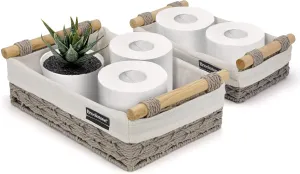 BROOKSTONE [2 PIECE SET] Wicker Storage Basket with Crafted Wood Handles, Organization and Storage Container, Decorative Shelf Bin, Over the Toilet Paper Reserve, Suitable for Any Home Décor Style