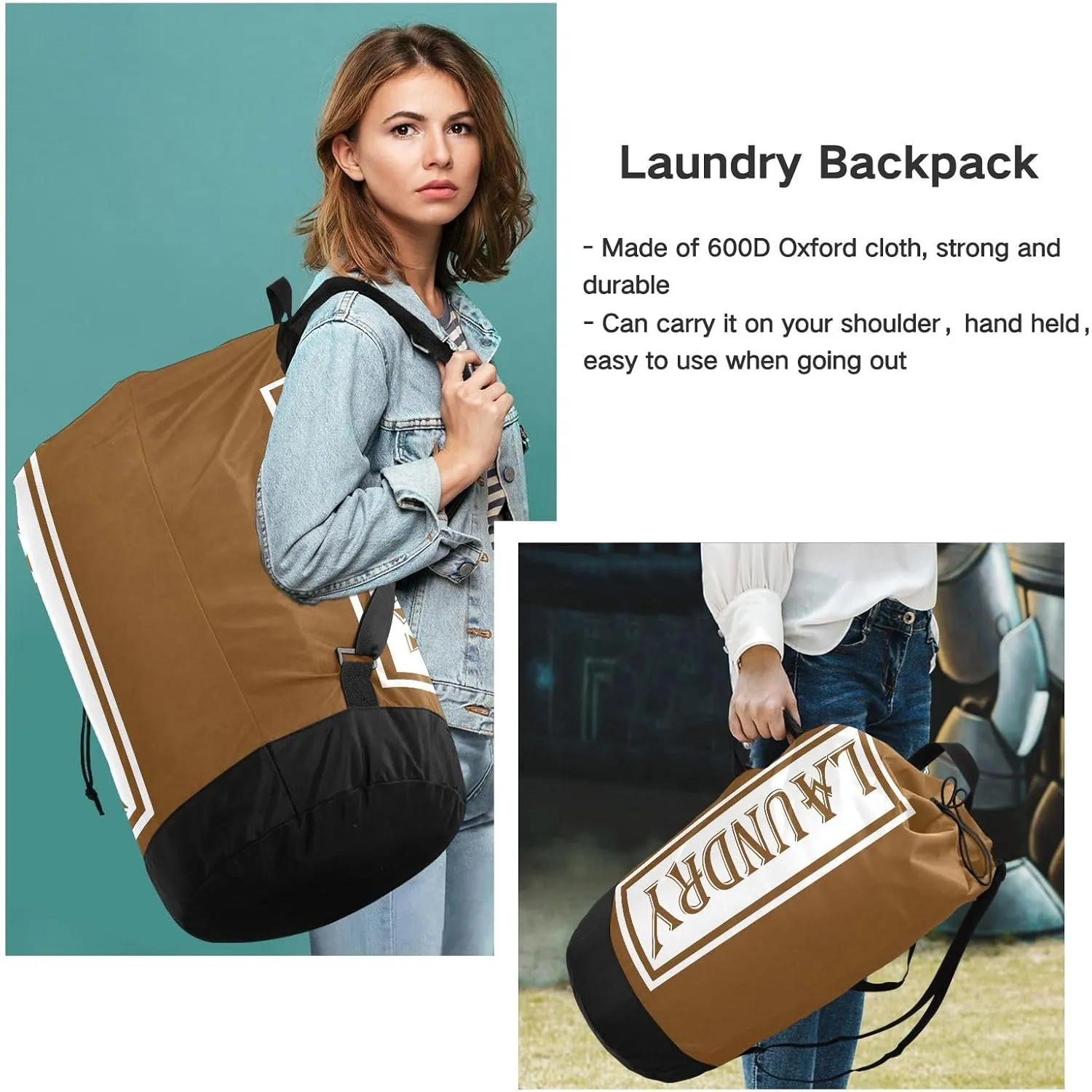 Brown Nylon Travel Laundry Bag for Luggage Dirty Heavy Duty Dirty Clothes Organizer with Drawstring Closure & Shoulder Straps Clothes Hamper Bag for College Dorm Factories Apartment