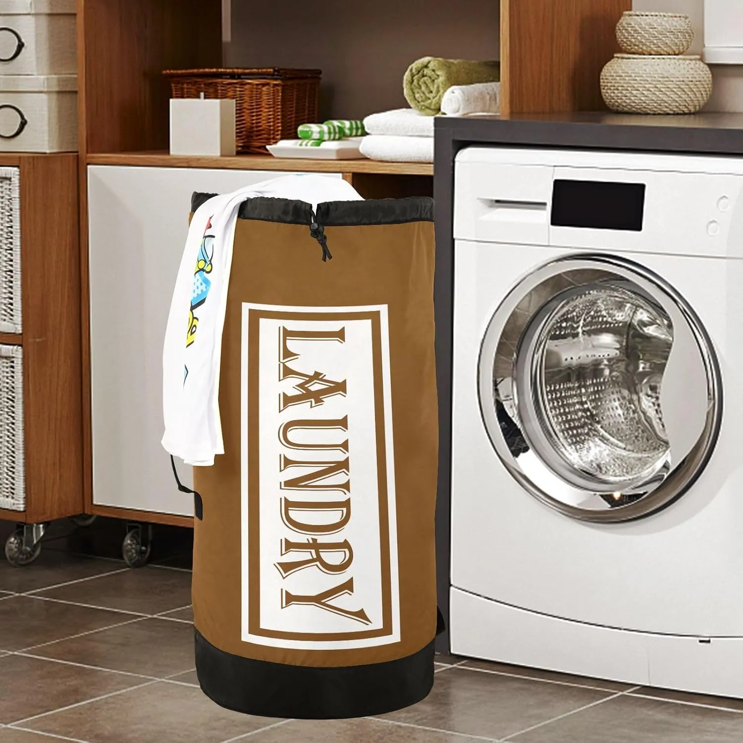 Brown Nylon Travel Laundry Bag for Luggage Dirty Heavy Duty Dirty Clothes Organizer with Drawstring Closure & Shoulder Straps Clothes Hamper Bag for College Dorm Factories Apartment