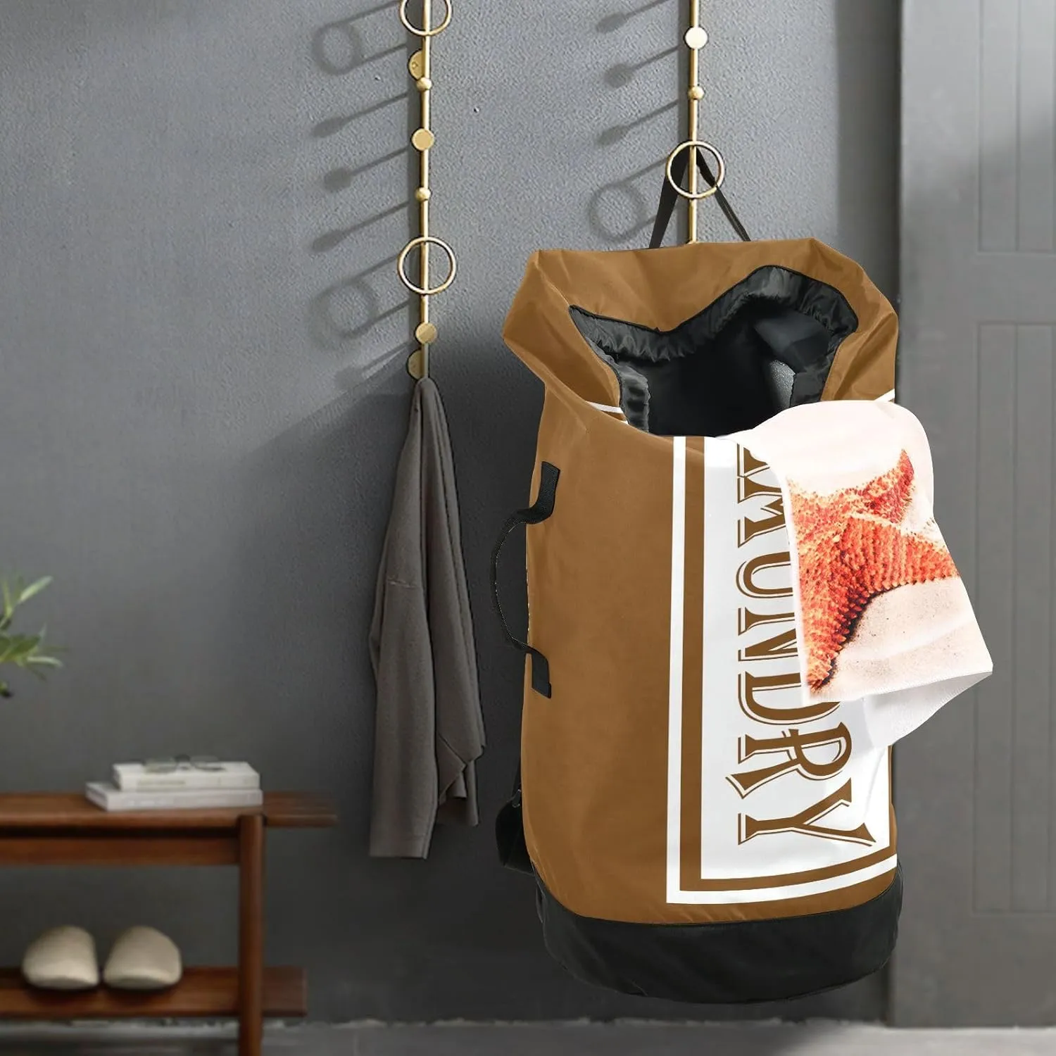 Brown Nylon Travel Laundry Bag for Luggage Dirty Heavy Duty Dirty Clothes Organizer with Drawstring Closure & Shoulder Straps Clothes Hamper Bag for College Dorm Factories Apartment