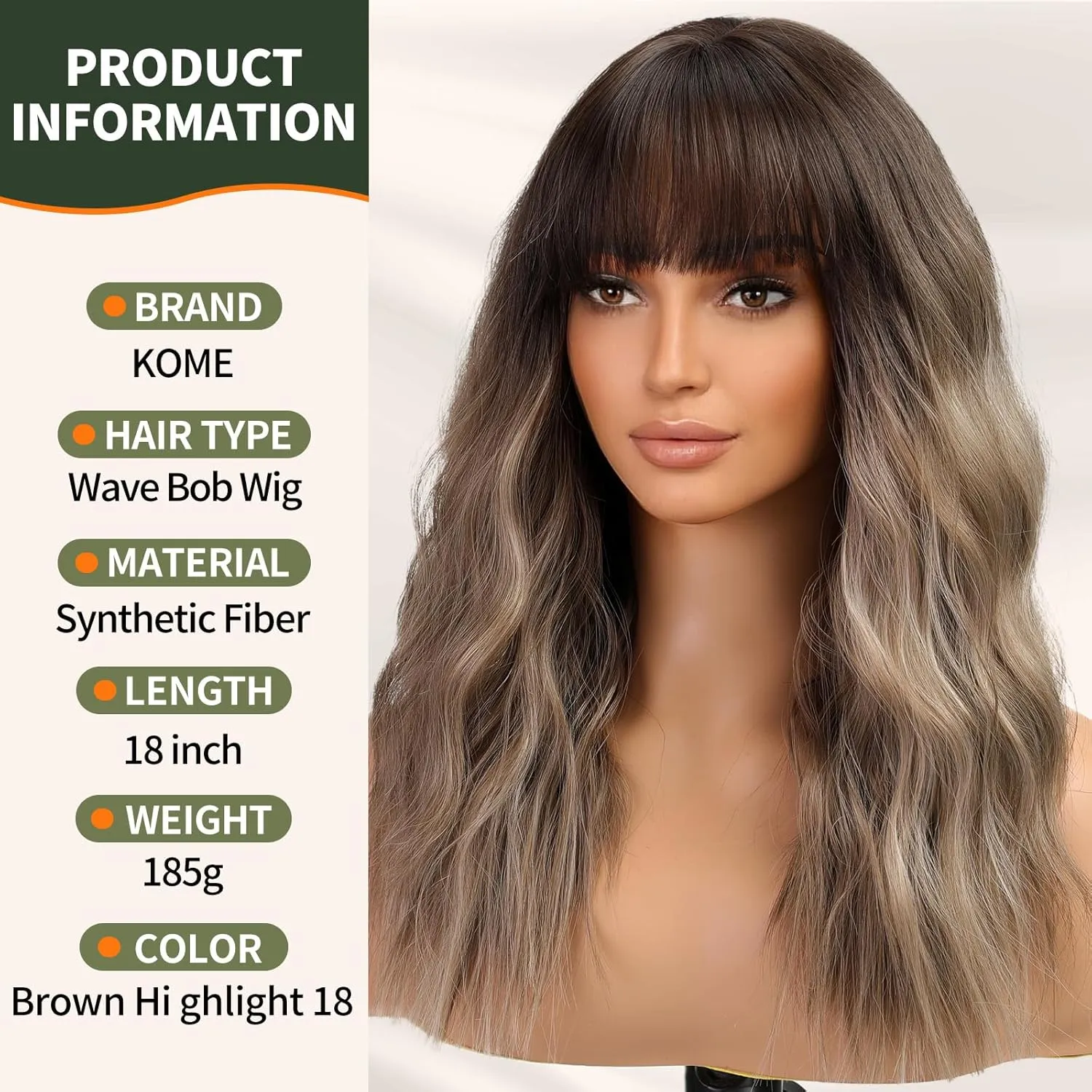 Brown Wig with Bangs,Brown Highlight Synthetic Shoulder Length Curly Wavy Wigs for Women Party Daily Use 18IN