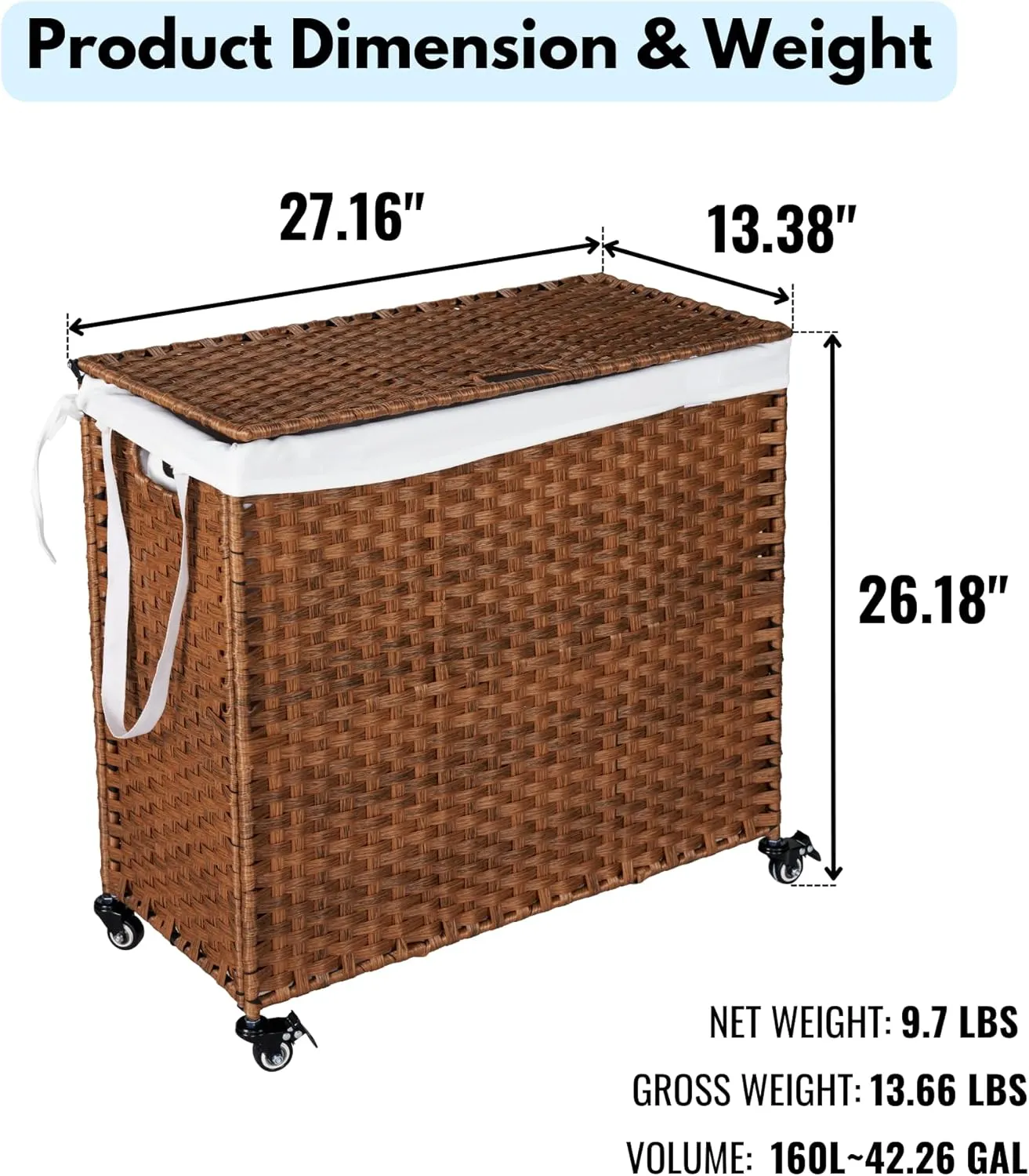 Bullpiano 160L Laundry Hamper with Lid, Rolling Laundry Basket with Wheels and Handle, 2-Section PE Rattan Laundry Hamper with 2 Removable Liner Bags (Brown)
