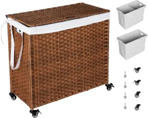Bullpiano 160L Laundry Hamper with Lid, Rolling Laundry Basket with Wheels and Handle, 2-Section PE Rattan Laundry Hamper with 2 Removable Liner Bags (Brown)