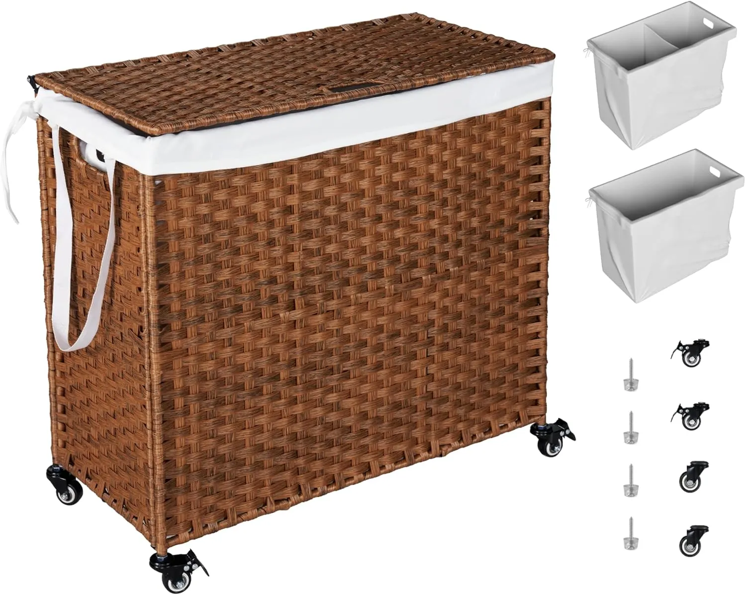 Bullpiano 160L Laundry Hamper with Lid, Rolling Laundry Basket with Wheels and Handle, 2-Section PE Rattan Laundry Hamper with 2 Removable Liner Bags (Brown)