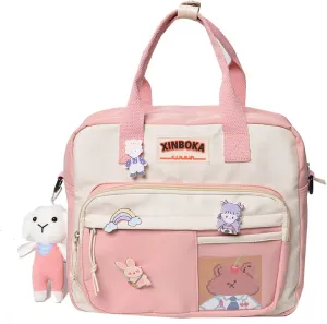 BXCNCKD Kawaii backpack with cute pins and plush pendant girl shoulder bag school bag cute backpack travel backpack(Pink)