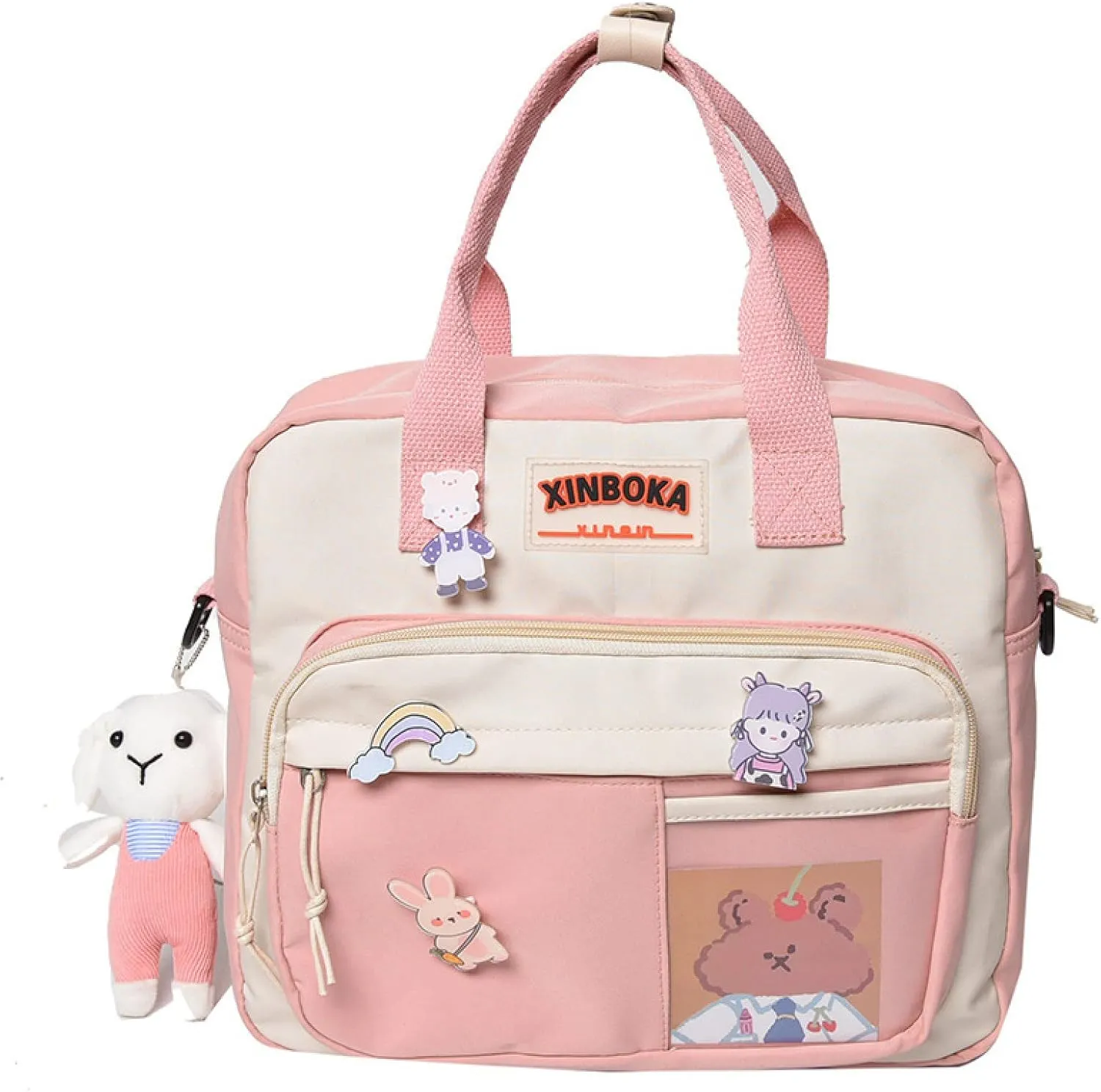 BXCNCKD Kawaii backpack with cute pins and plush pendant girl shoulder bag school bag cute backpack travel backpack(Pink)