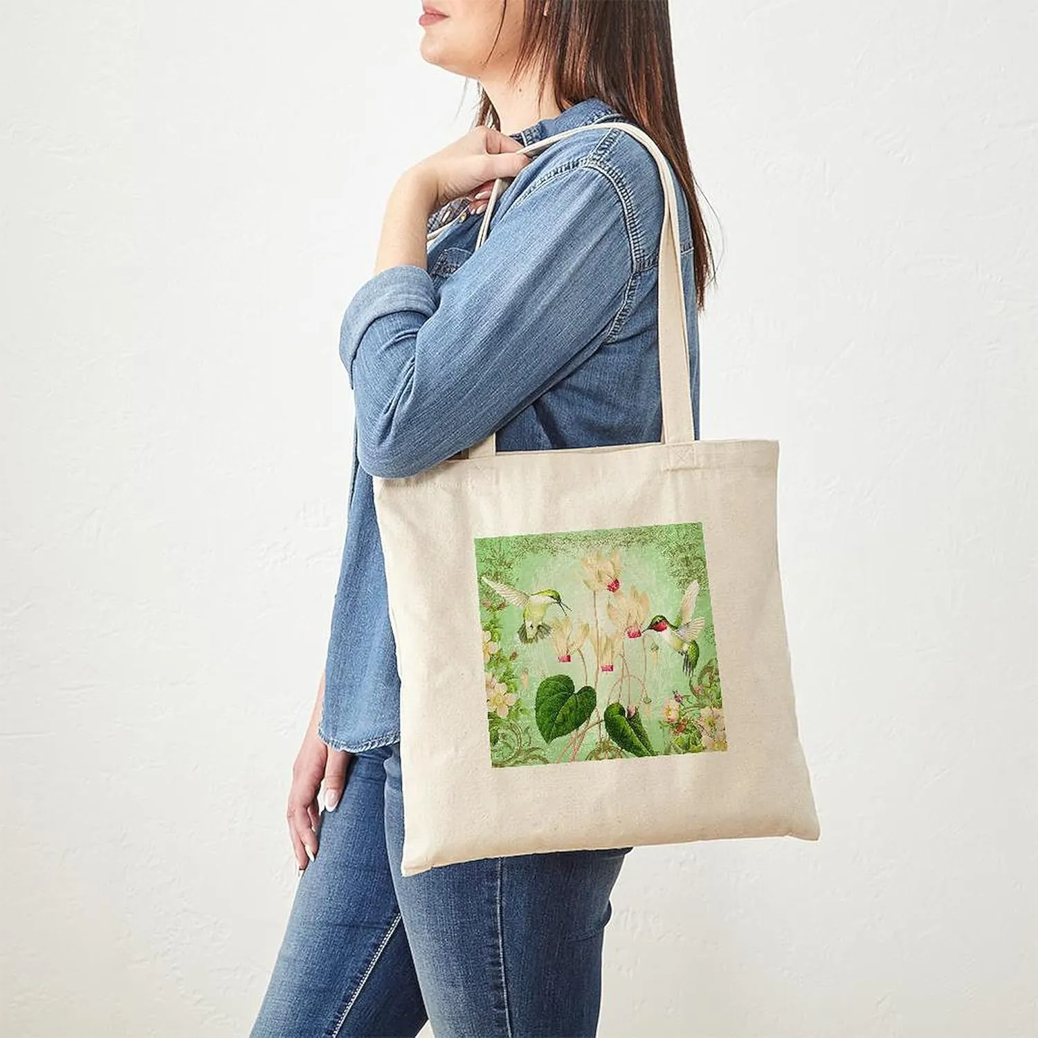 CafePress Modern Vintage French Hummingbirds Tote Bag Reusable Natural Beige Canvas Shopping Bag