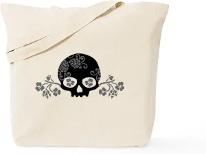 CafePress Skull With Flower Motif Tote Bag Reusable Natural Beige Canvas Shopping Bag