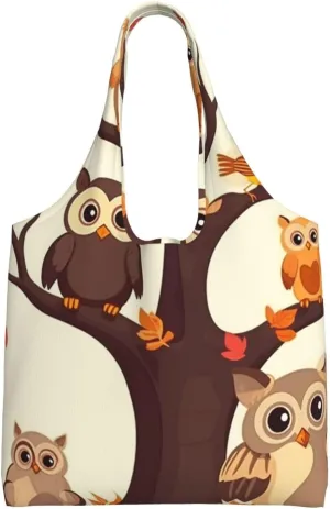 Canvas Aesthetic Tote Bag for Women Handbag Cartoon Family Owls On The Brown Tree Reusable Grocery Bags with Handles