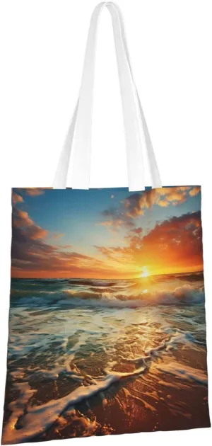 Canvas Aesthetic Tote Bag for Women Handbag Ocean Sunrise Reusable Grocery Bags with Handles