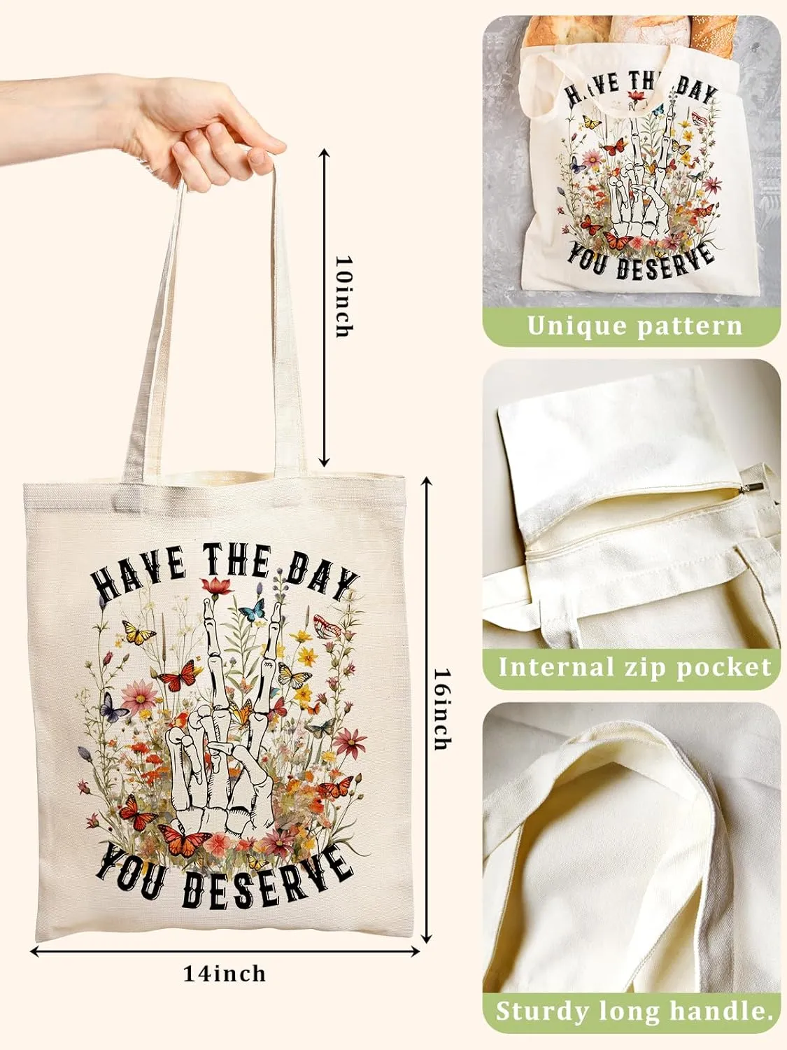 Canvas Book Tote Bag with Inner Zipper for Adults, Birthday Gift for Book Lovers