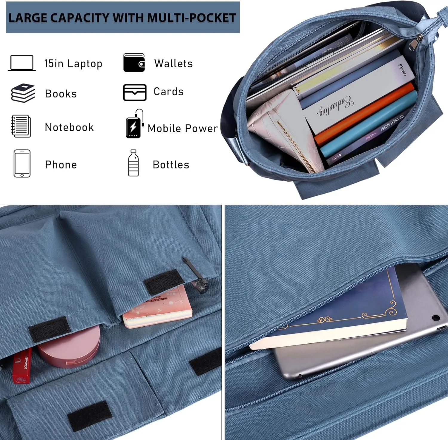 Canvas Messenger Bag Crossbody Shoulder Bag for Men Women Vintage Tote Laptop Bag Large Hobo Bag with Multiple Pockets