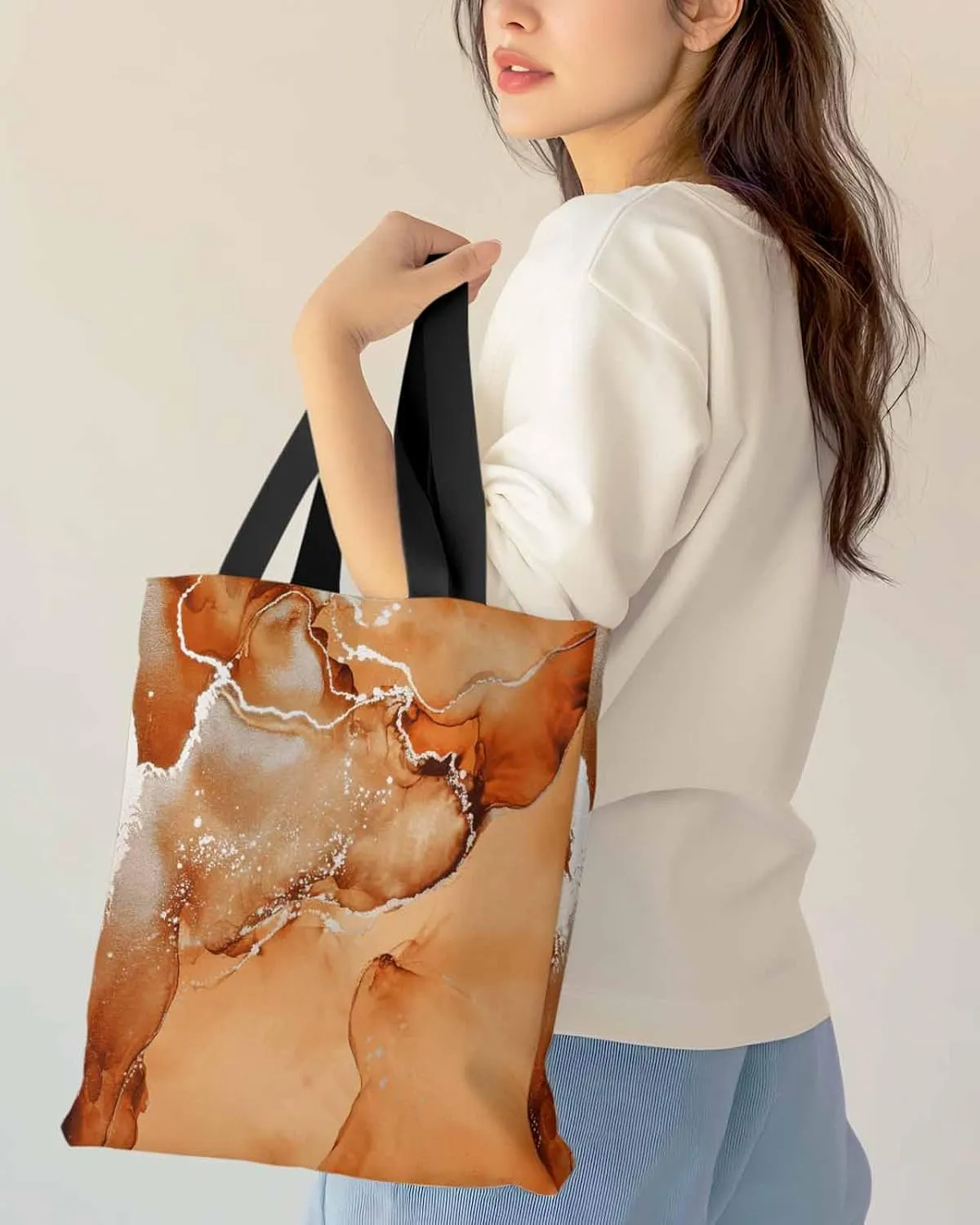 Canvas Tote Bag Abstract Fluid Art Ripples Turquoise Reusable Grocery Shopping Bags Shoulder Bag for Gym Work