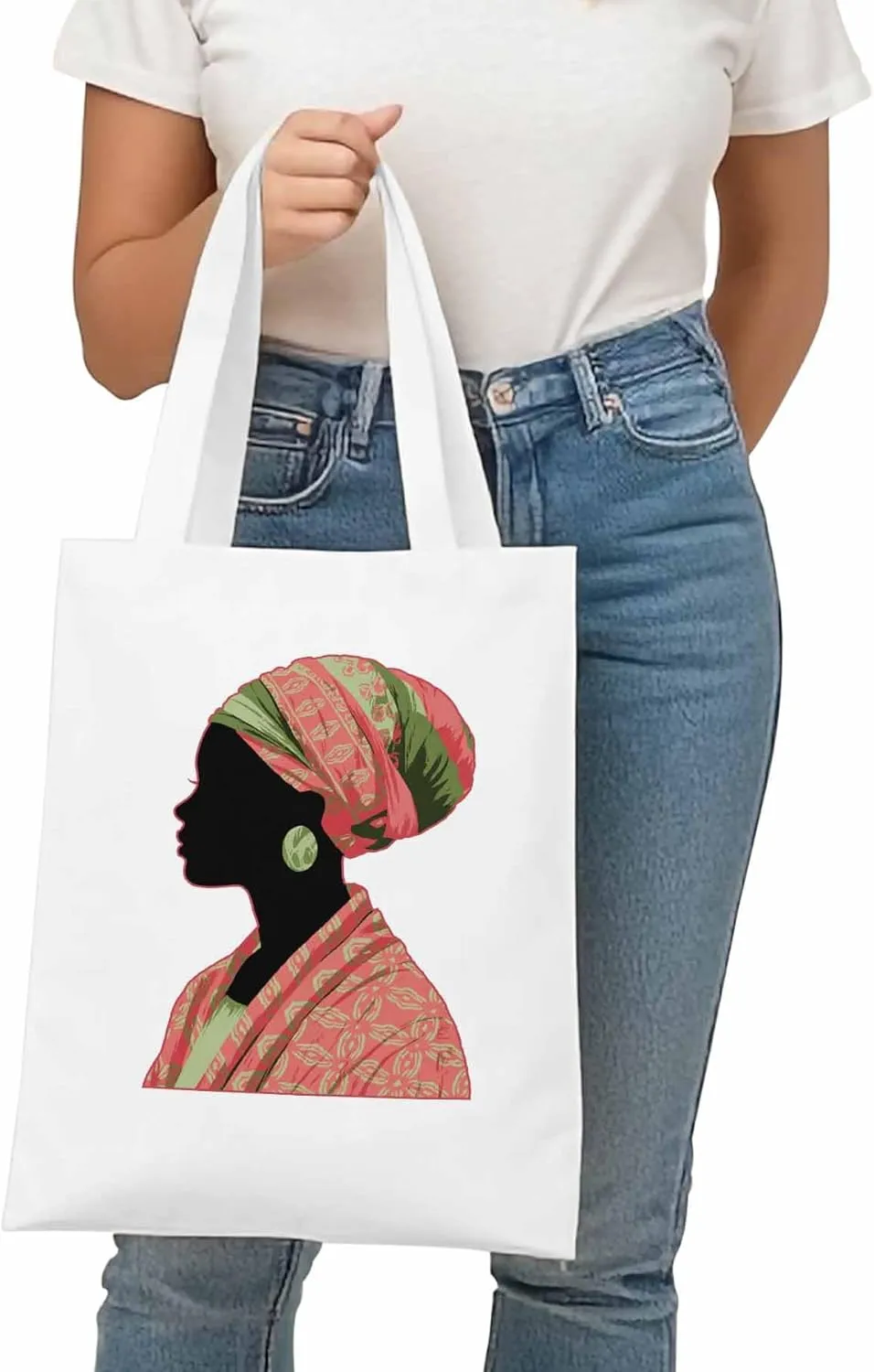 Canvas Tote Bag African Traditional Women Reusable Grocery Shopping Bags with Handle, Ethnic Style Large Canvas