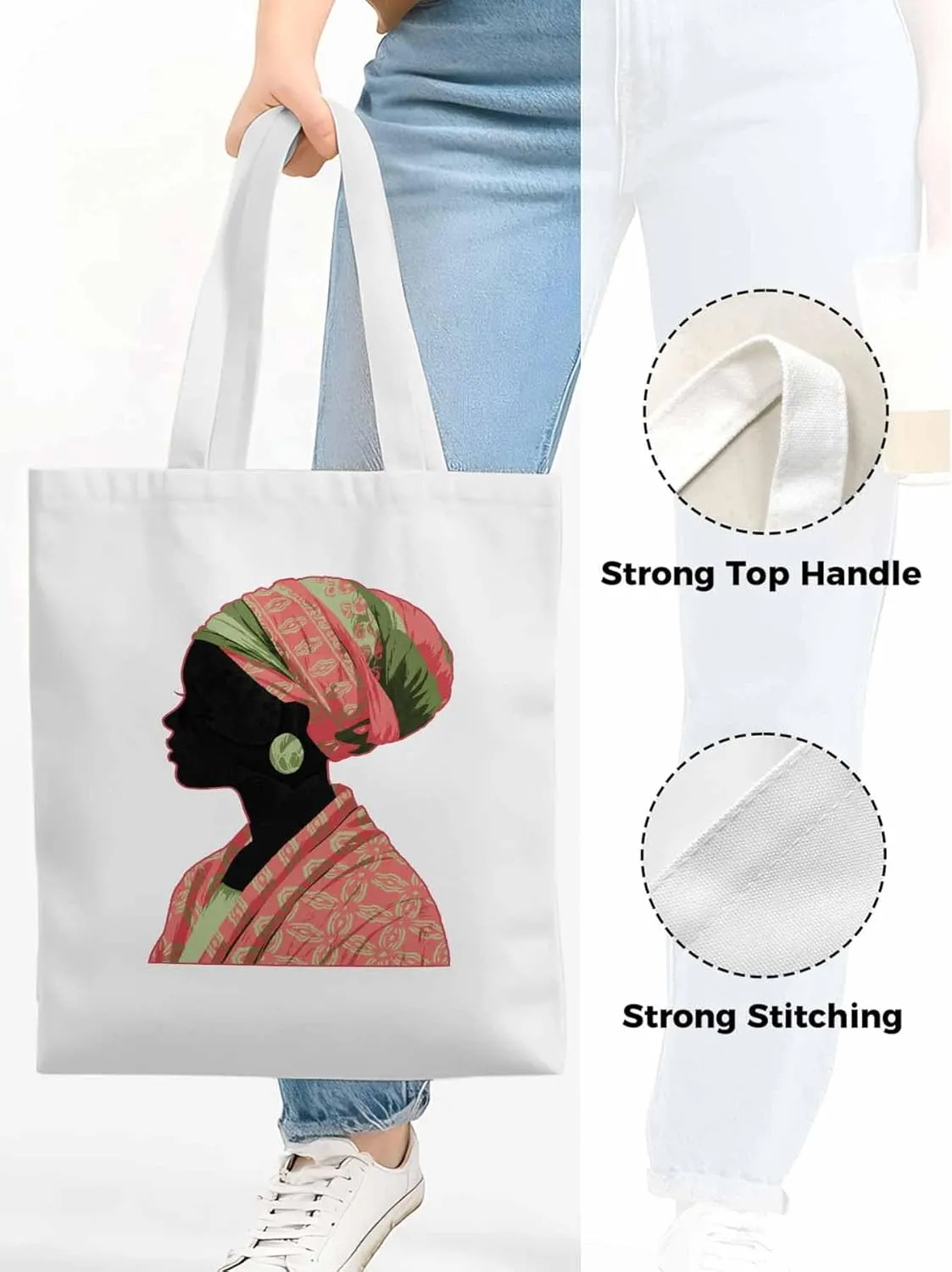 Canvas Tote Bag African Traditional Women Reusable Grocery Shopping Bags with Handle, Ethnic Style Large Canvas