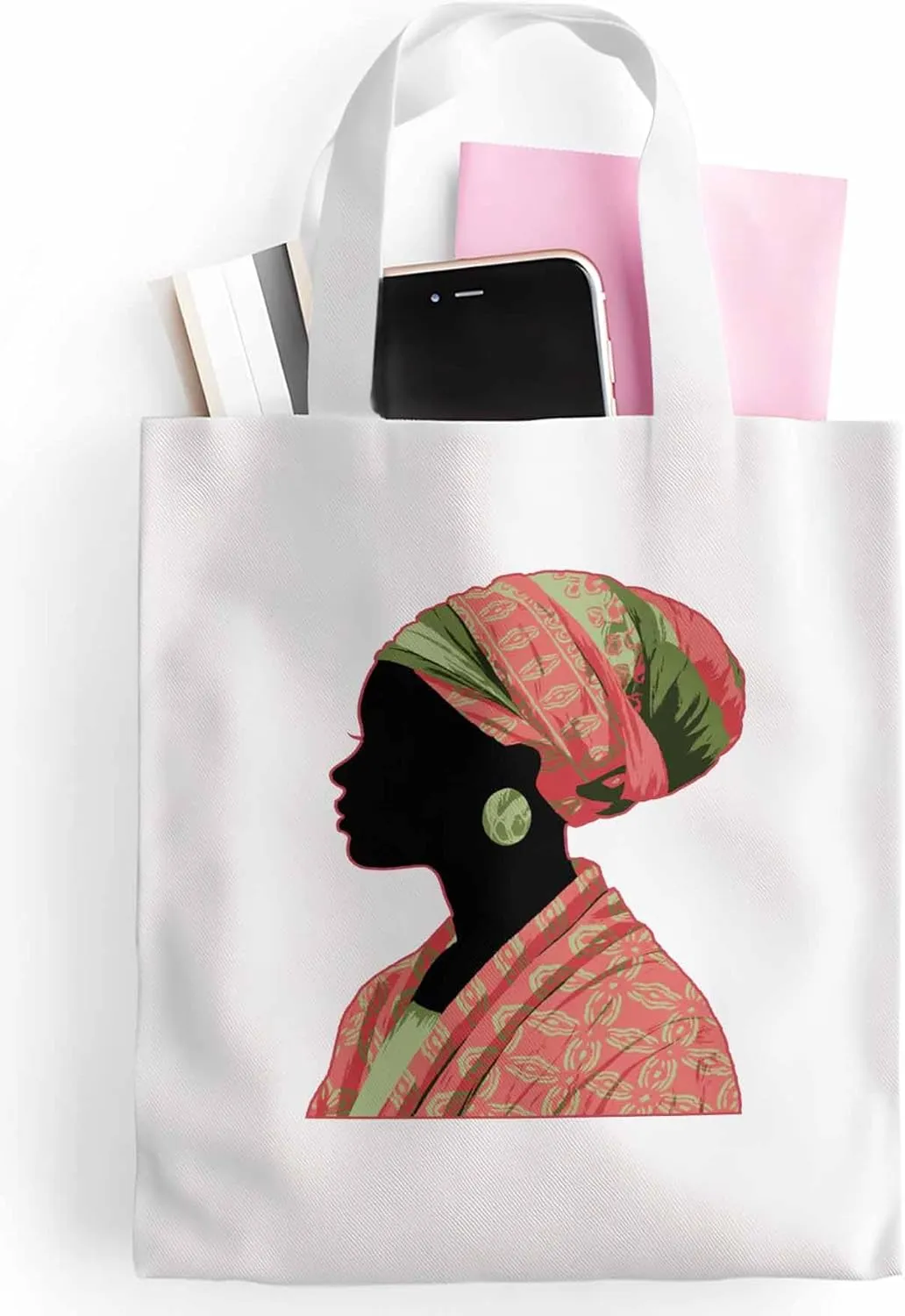 Canvas Tote Bag African Traditional Women Reusable Grocery Shopping Bags with Handle, Ethnic Style Large Canvas