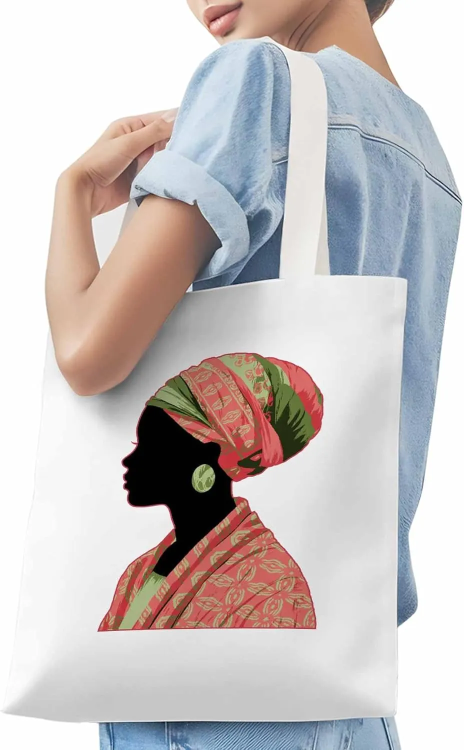 Canvas Tote Bag African Traditional Women Reusable Grocery Shopping Bags with Handle, Ethnic Style Large Canvas