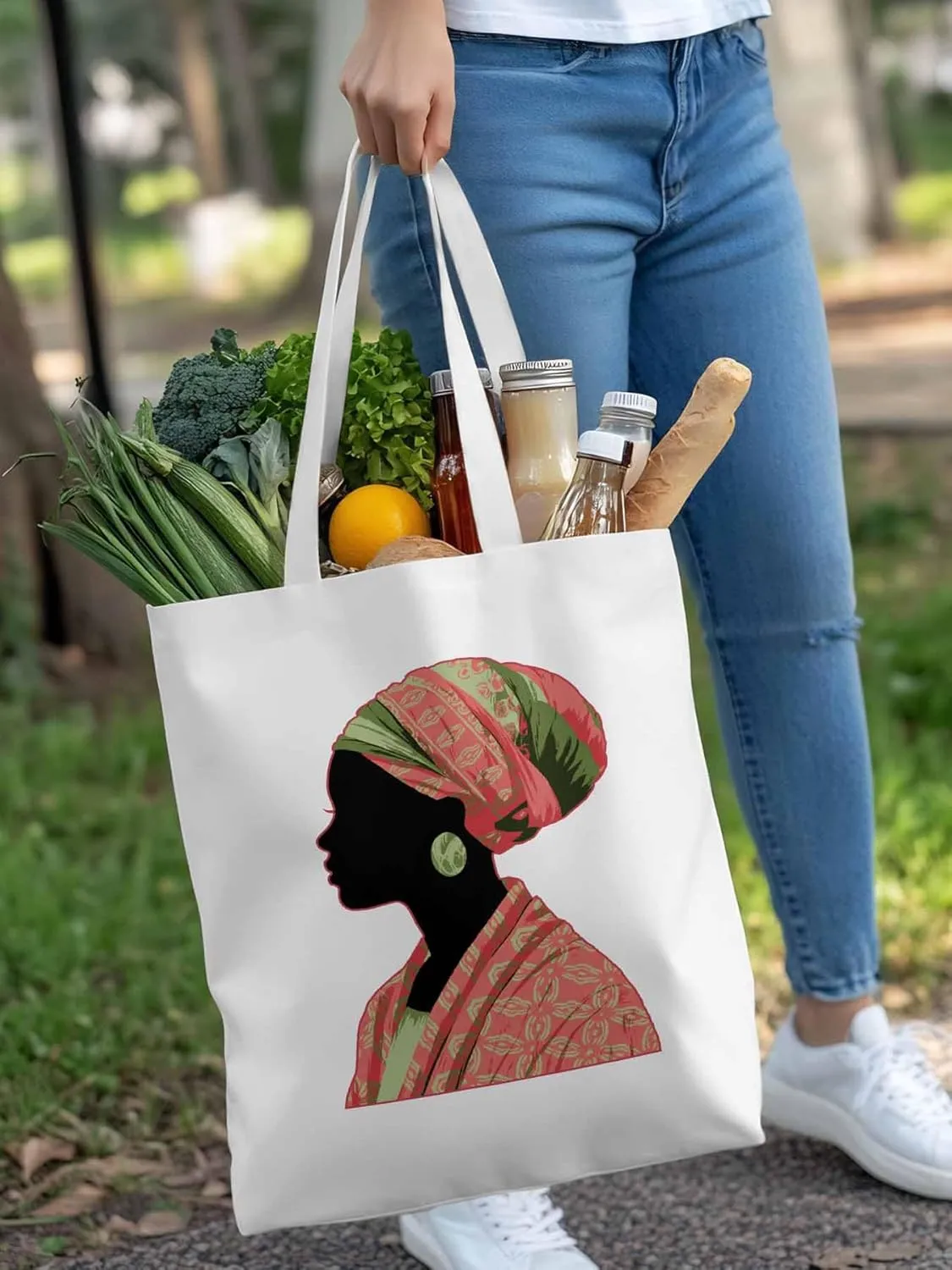 Canvas Tote Bag African Traditional Women Reusable Grocery Shopping Bags with Handle, Ethnic Style Large Canvas