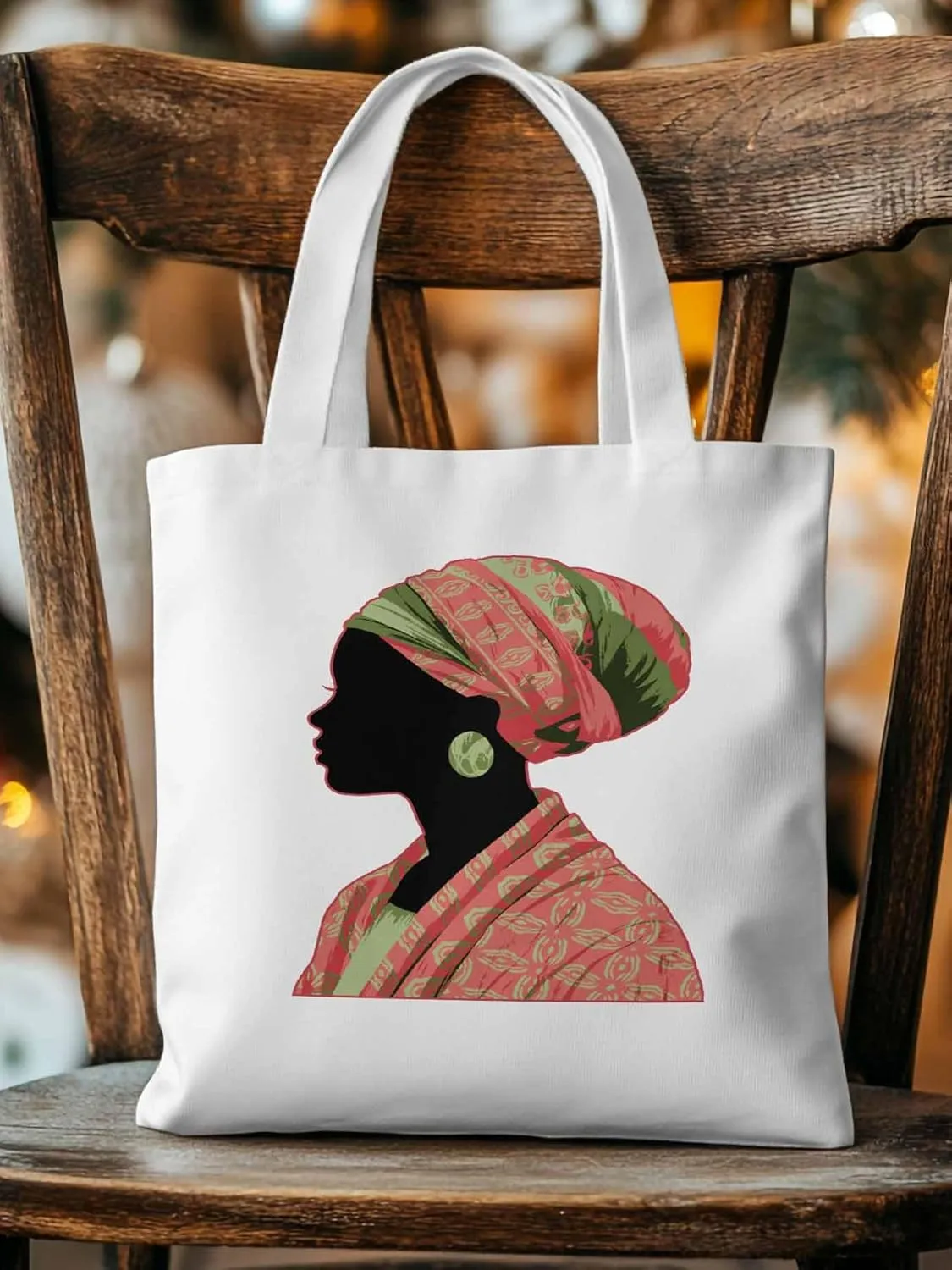Canvas Tote Bag African Traditional Women Reusable Grocery Shopping Bags with Handle, Ethnic Style Large Canvas