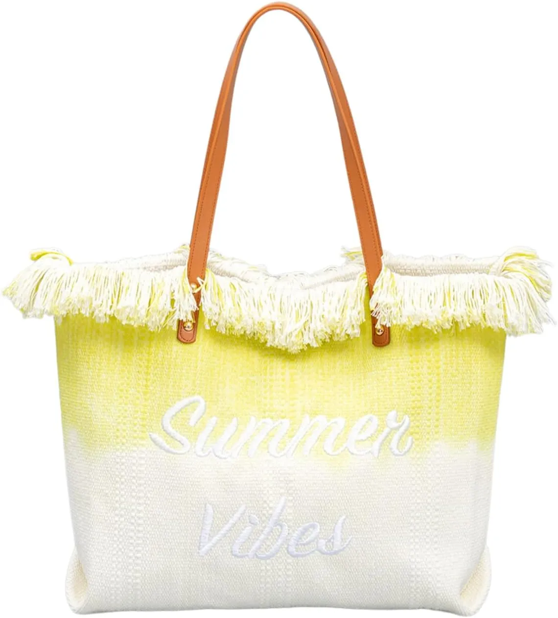 Canvas Tote Bag Embroidered Fringe Large Recycled Gradient Casual Shoulder Summer Beach Bag for Daily Use Travel Gym
