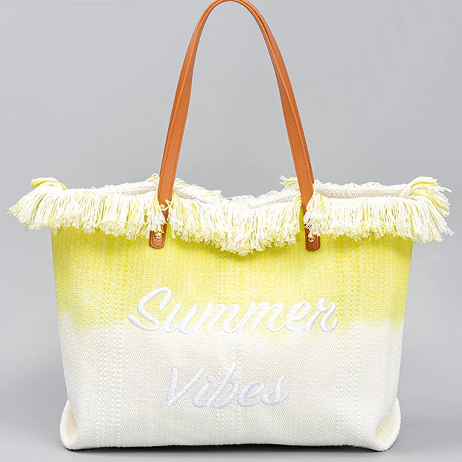 Canvas Tote Bag Embroidered Fringe Large Recycled Gradient Casual Shoulder Summer Beach Bag for Daily Use Travel Gym