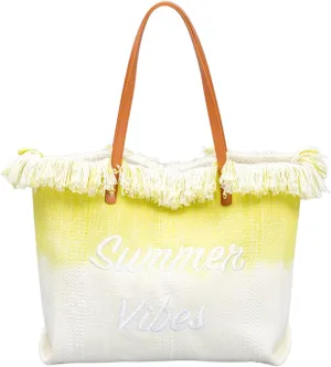 Canvas Tote Bag Embroidered Fringe Large Recycled Gradient Casual Shoulder Summer Beach Bag for Daily Use Travel Gym