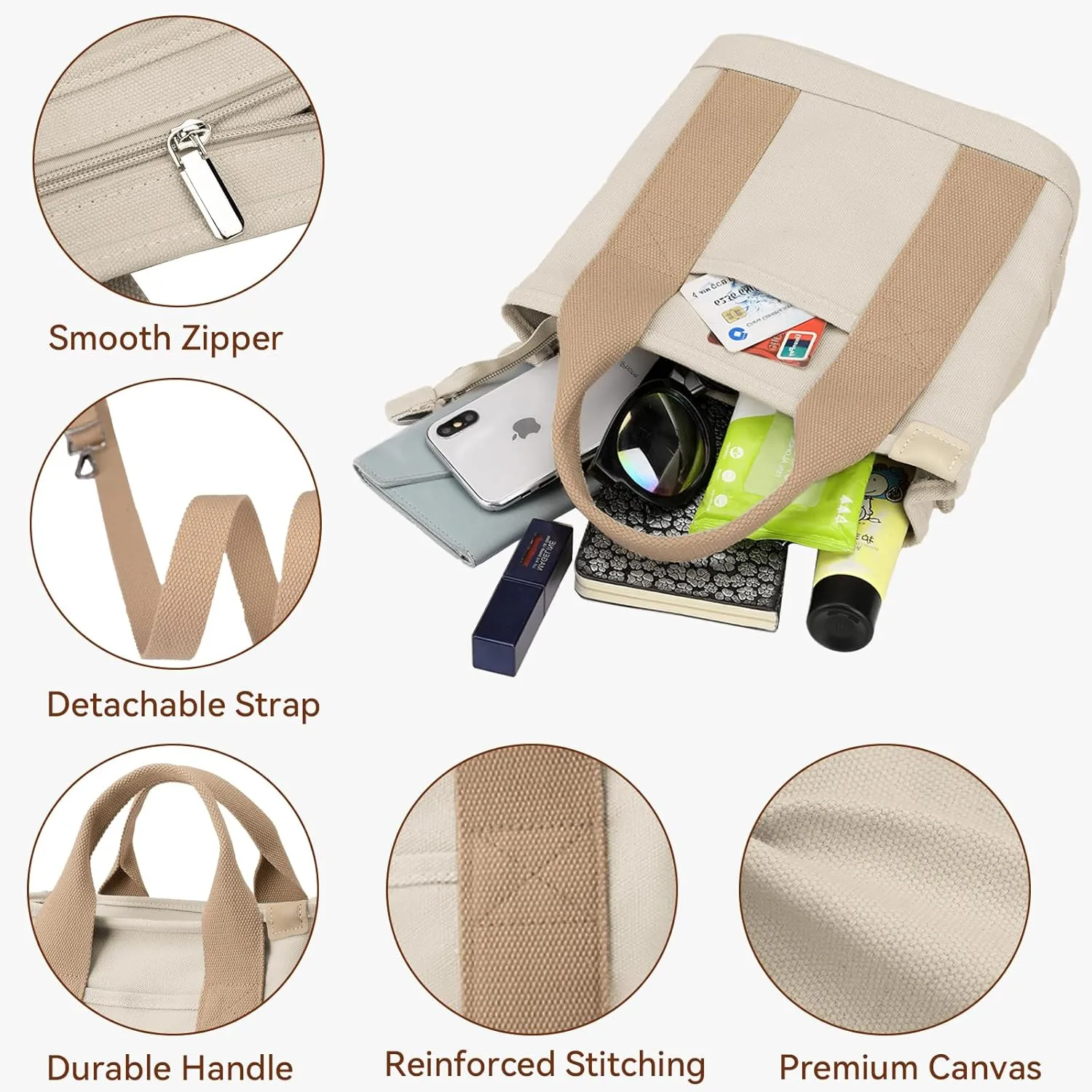 Canvas Tote Bag for Women Small Tote Bag with Zipper Crossbody Bag Shoulder Handbag Work Travel Tote with Compartments