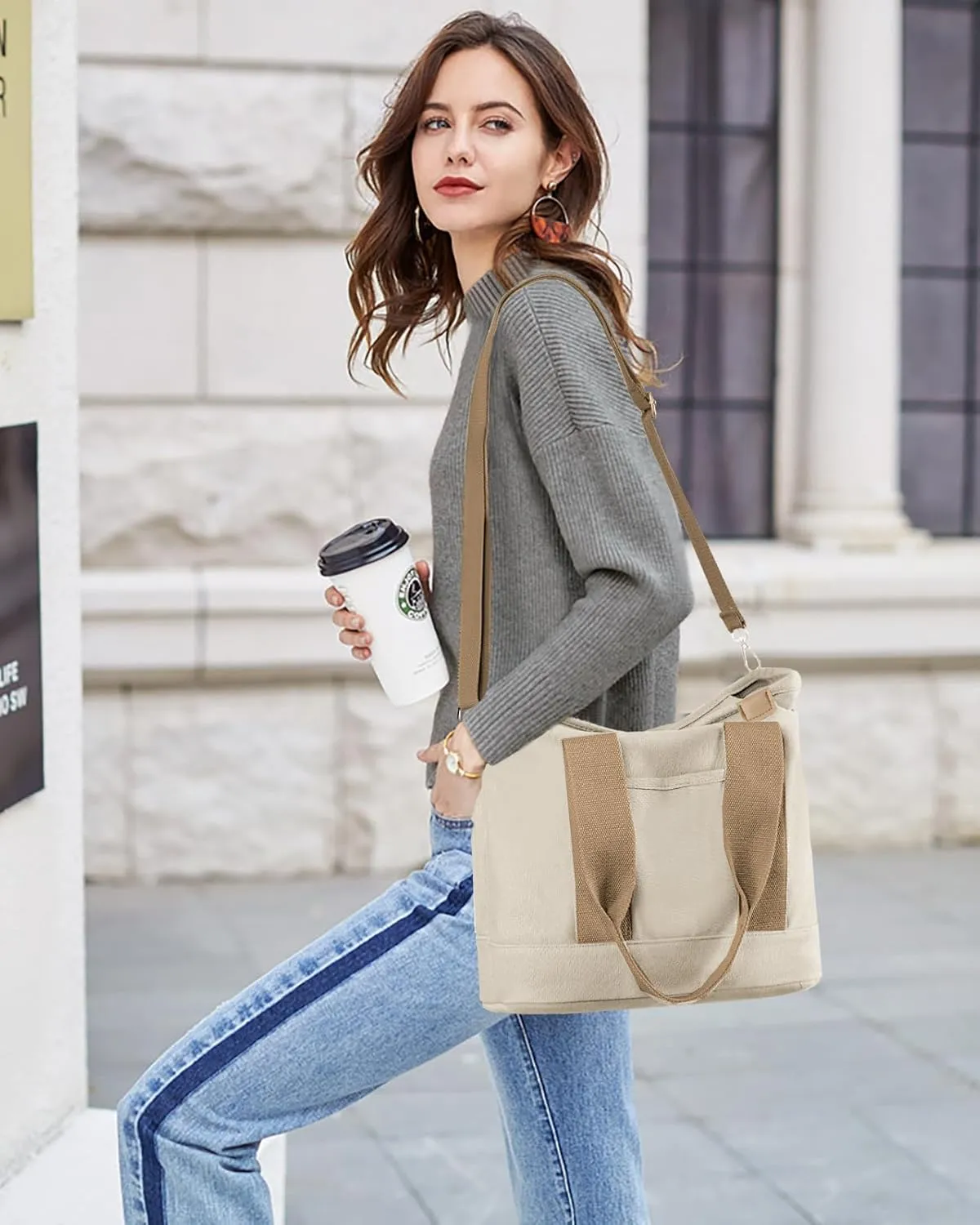 Canvas Tote Bag for Women Small Tote Bag with Zipper Crossbody Bag Shoulder Handbag Work Travel Tote with Compartments