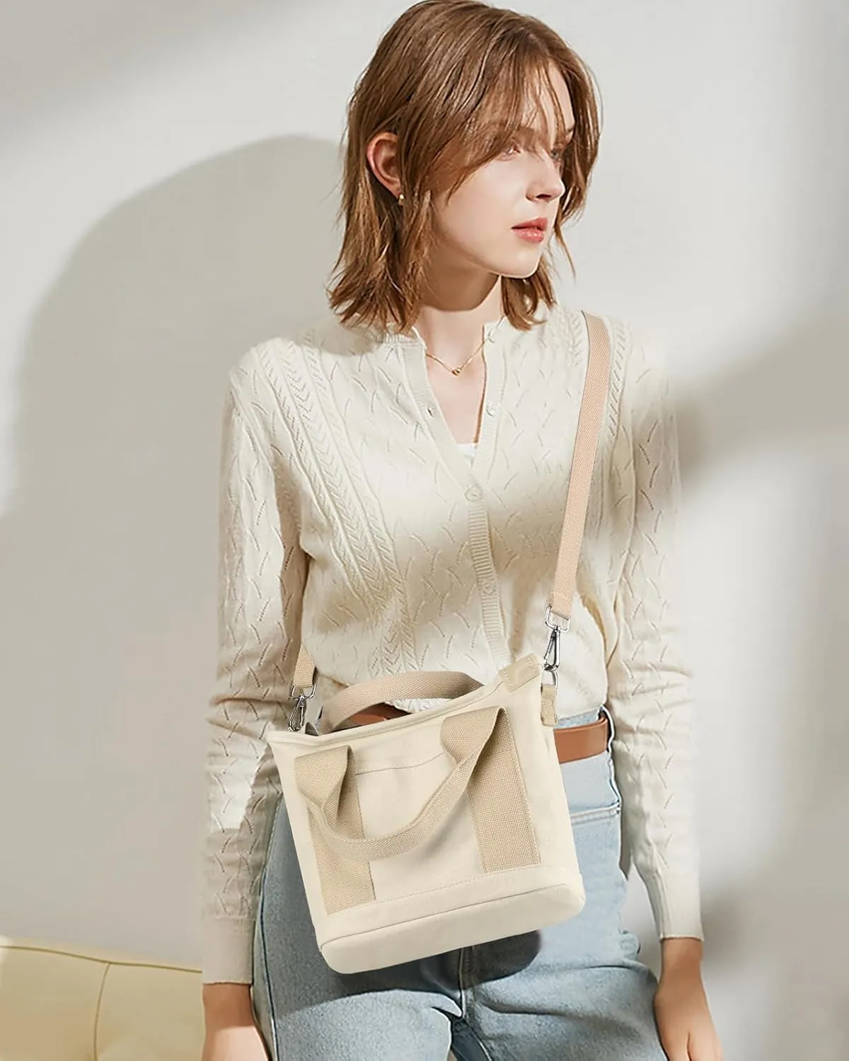 Canvas Tote Bag for Women Small Tote Bag with Zipper Crossbody Bag Shoulder Handbag Work Travel Tote with Compartments