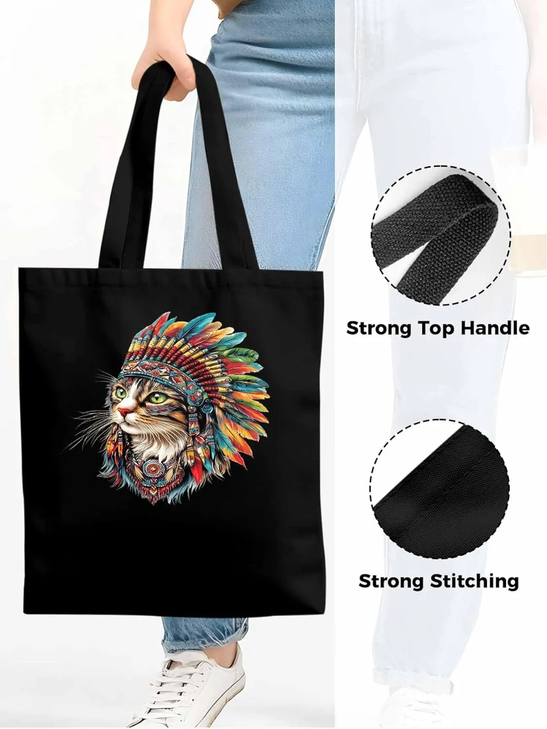 Canvas Tote Bag, Indian Cat with Feathers Print patterned Canvas Tote Handbags for Women Shoulder Bag,