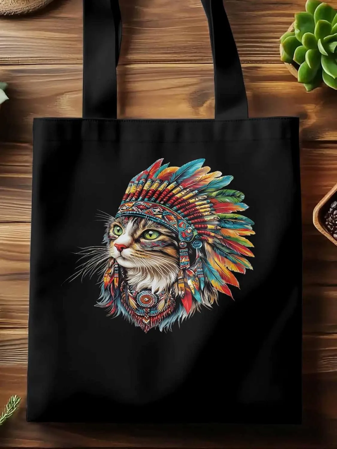 Canvas Tote Bag, Indian Cat with Feathers Print patterned Canvas Tote Handbags for Women Shoulder Bag,