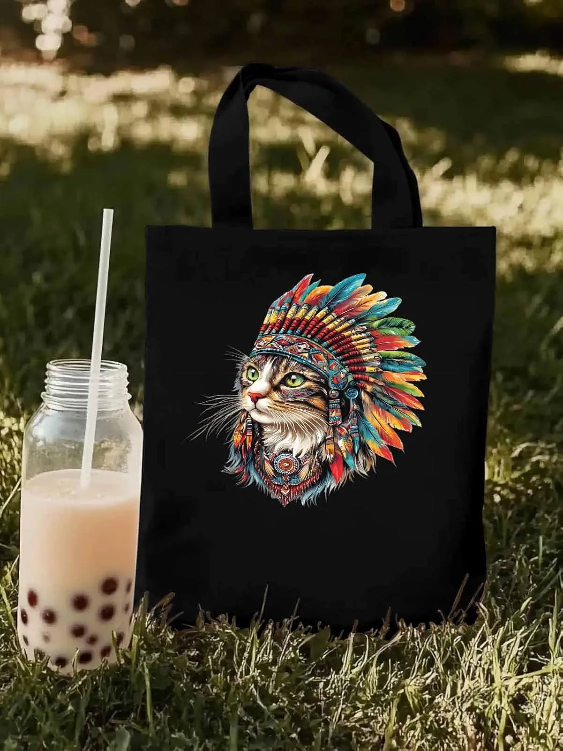 Canvas Tote Bag, Indian Cat with Feathers Print patterned Canvas Tote Handbags for Women Shoulder Bag,