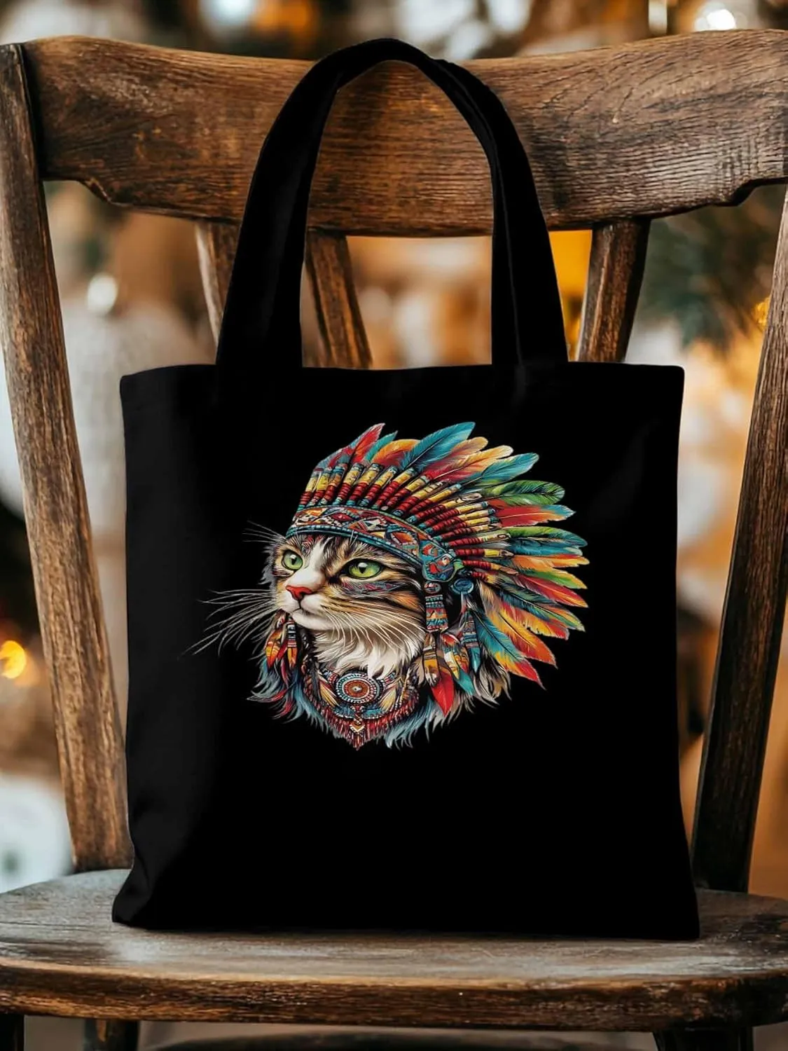 Canvas Tote Bag, Indian Cat with Feathers Print patterned Canvas Tote Handbags for Women Shoulder Bag,
