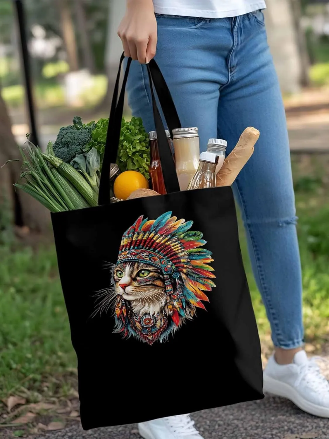 Canvas Tote Bag, Indian Cat with Feathers Print patterned Canvas Tote Handbags for Women Shoulder Bag,