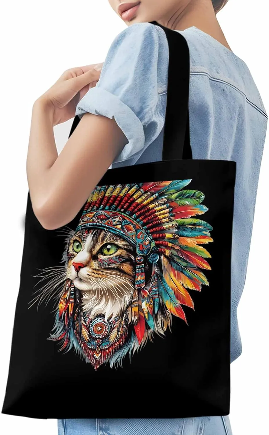 Canvas Tote Bag, Indian Cat with Feathers Print patterned Canvas Tote Handbags for Women Shoulder Bag,