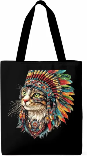 Canvas Tote Bag, Indian Cat with Feathers Print patterned Canvas Tote Handbags for Women Shoulder Bag,