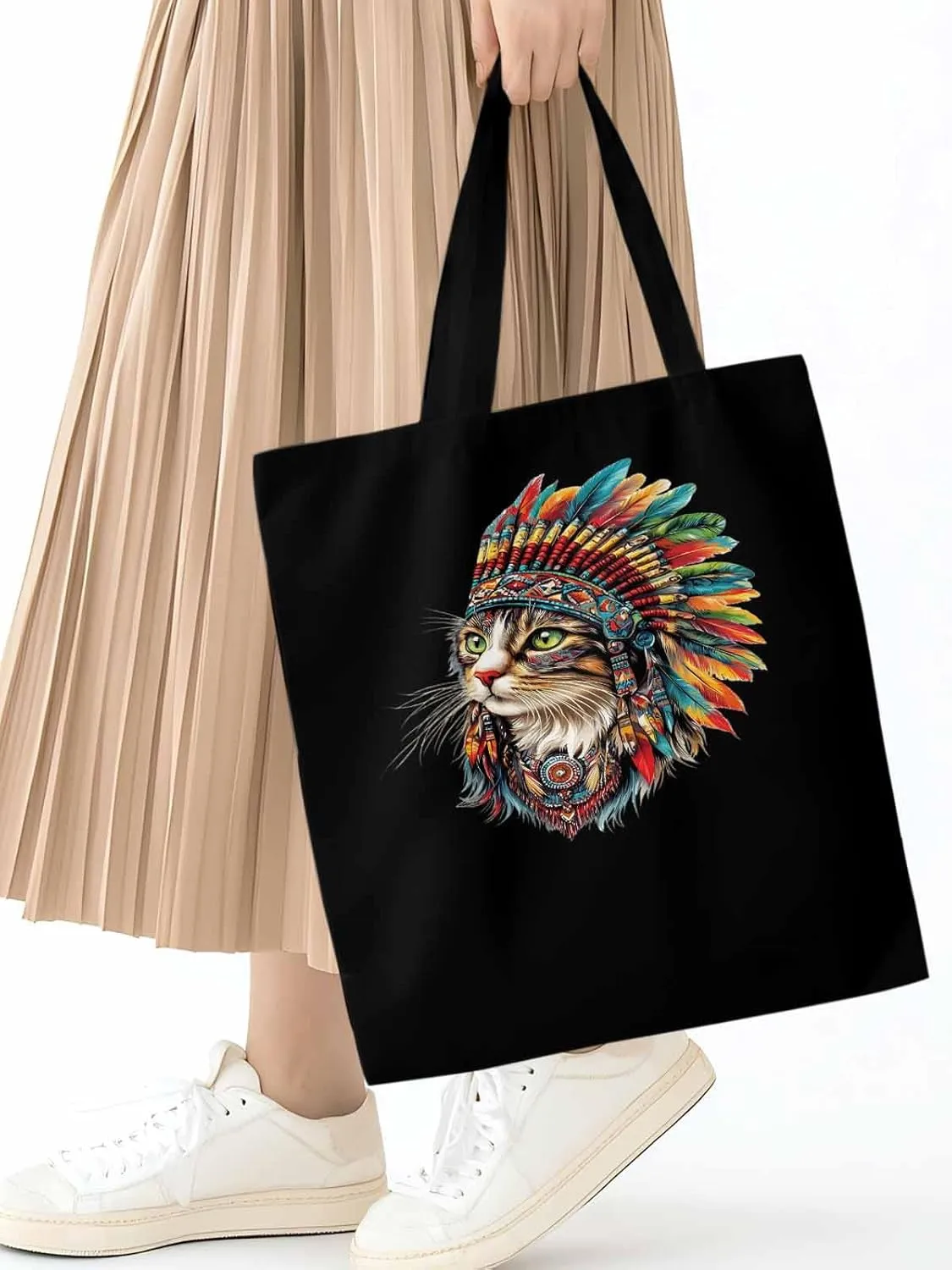 Canvas Tote Bag, Indian Cat with Feathers Print patterned Canvas Tote Handbags for Women Shoulder Bag,